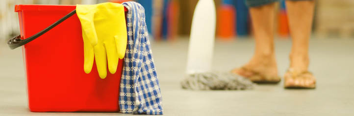 Janitor's mop, bucket, and glove